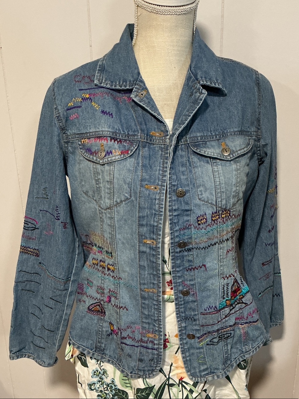 Chico's Light Blue Embroidered Denim Jacket